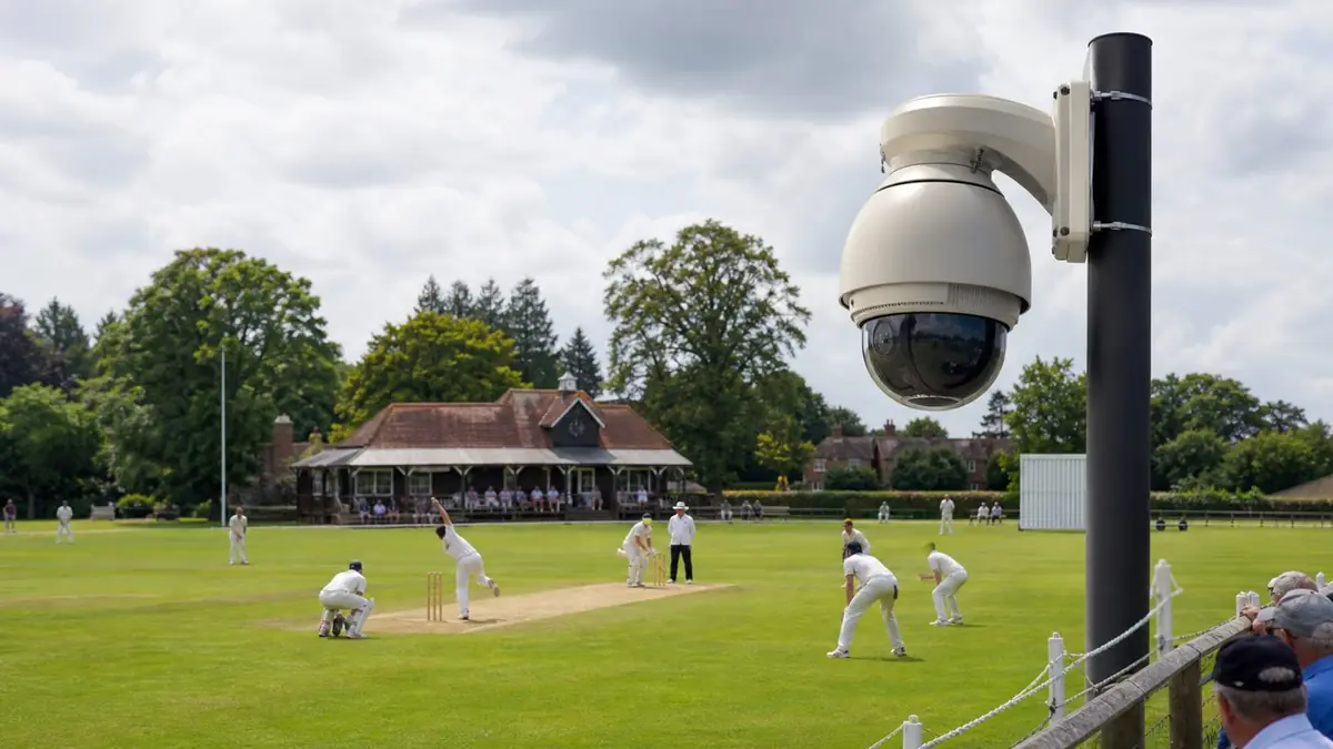 Permanently installed Sightstream camera on a pole overlooking a village cricket match in play