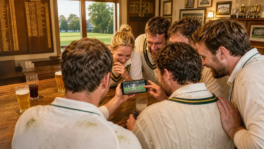 Players in the clubhouse rewatching the match on a phone after the game