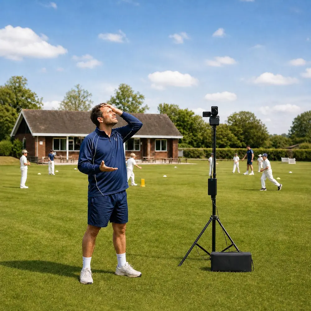 A junior coach with one hand to his forehead beside a tripod-mounted camera