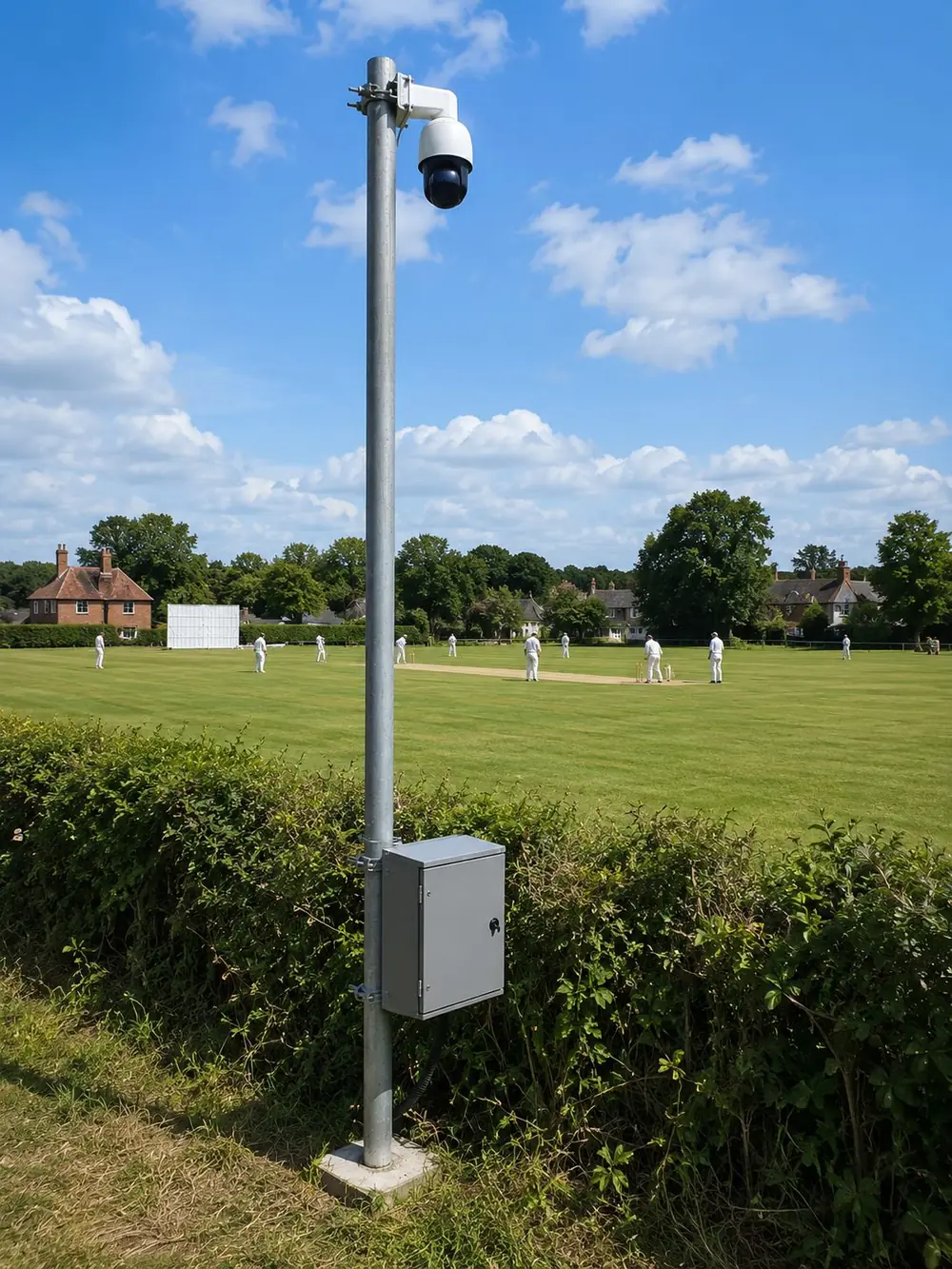 The permanent setup at Bledlow Ridge: PTZ camera mounted on a galvanised pole with a sealed equipment cabinet below, cricket match in play behind