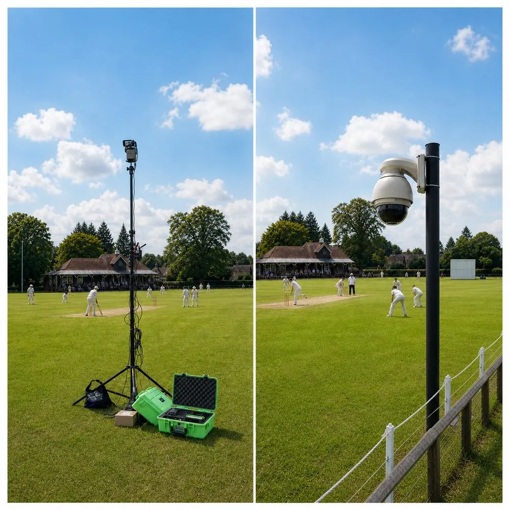 Side by side: a tripod-and-cases portable streaming setup versus a permanently pole-mounted camera